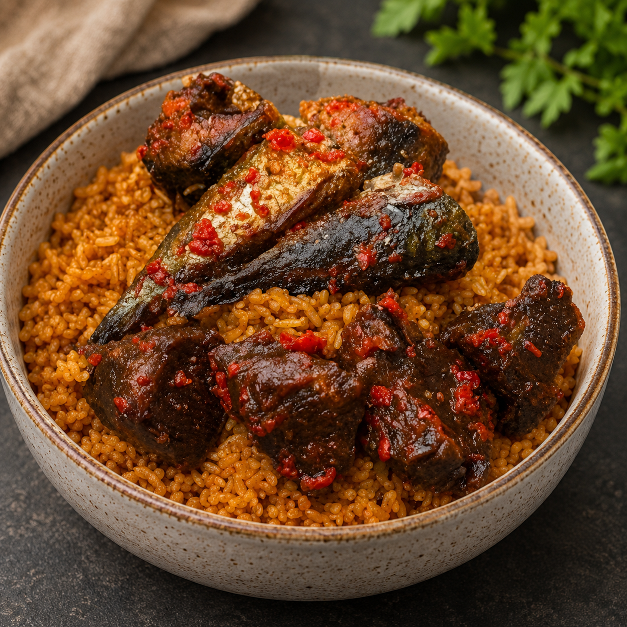 Party Jollof w Stewed Fried Goat Meat or Fish