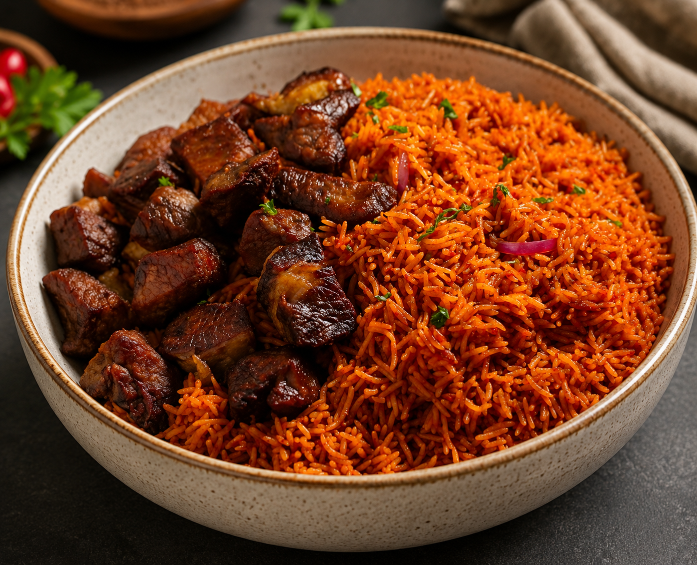 Party Jollof w Stewed Fried Beef