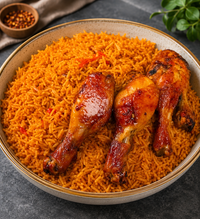 Party Jollof w Stewed Fried Chicken or Turkey