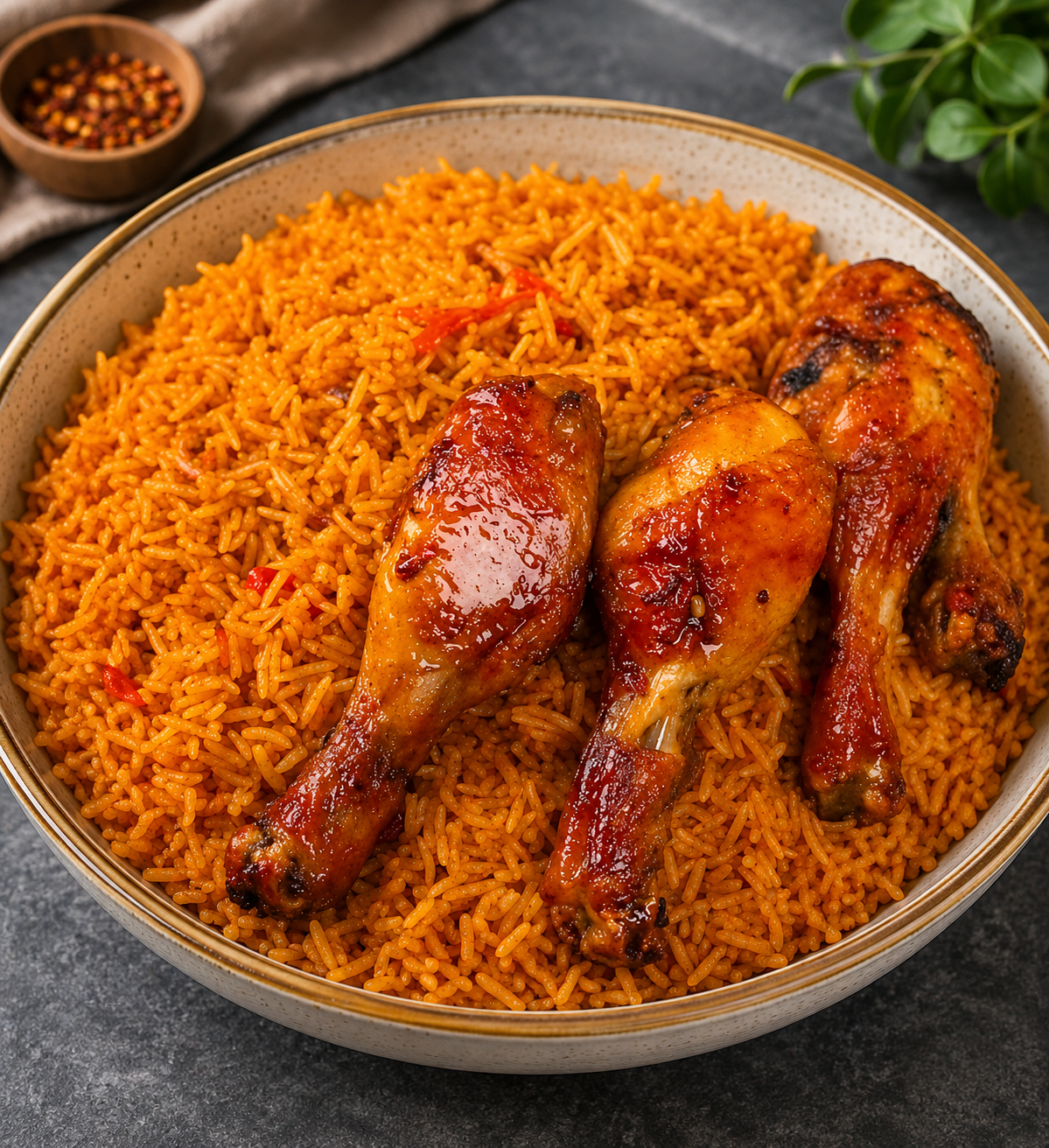 Party Jollof w Stewed Fried Chicken or Turkey