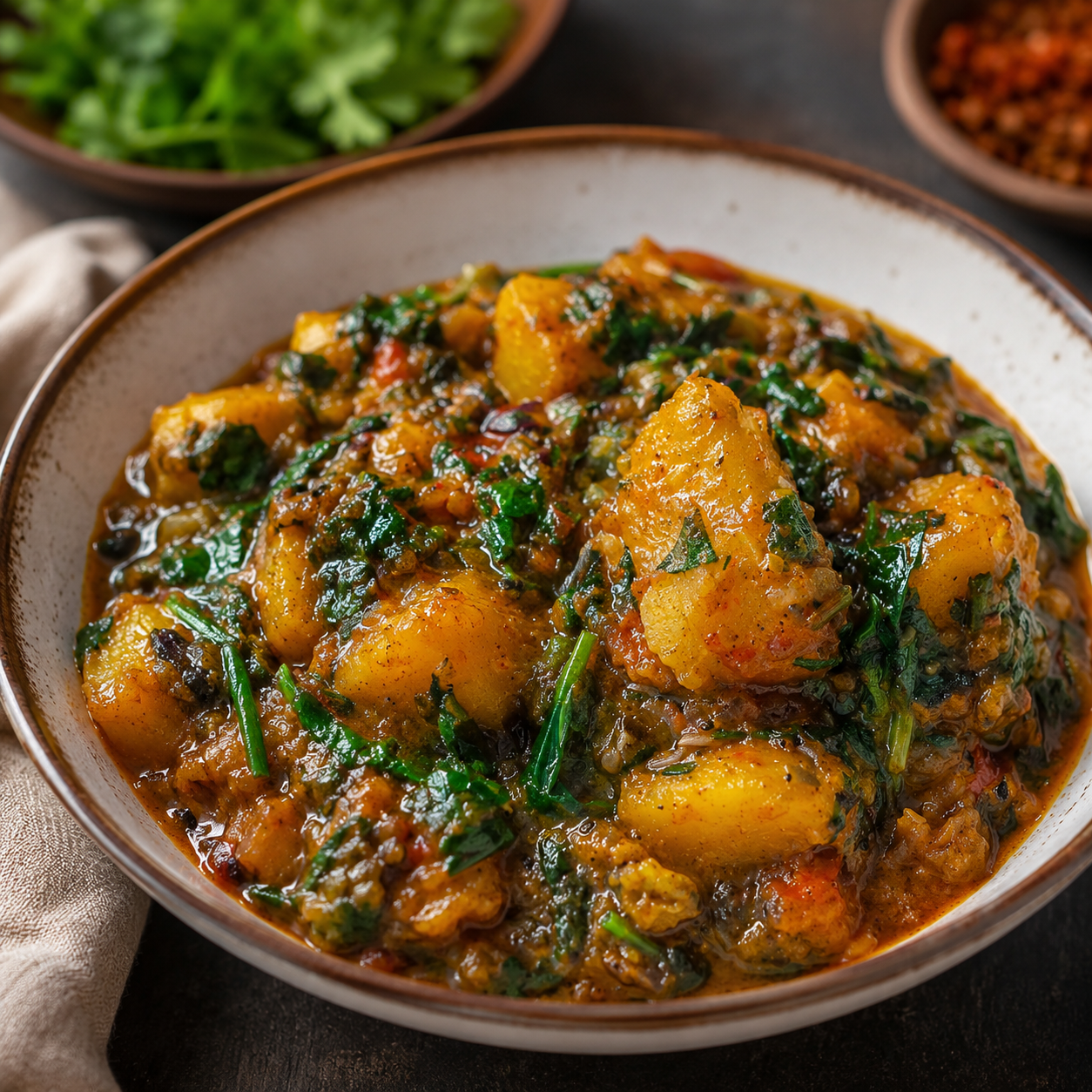 Yam Porridge w Smoked Fish & Dry Shrimp and Spinash Leaf