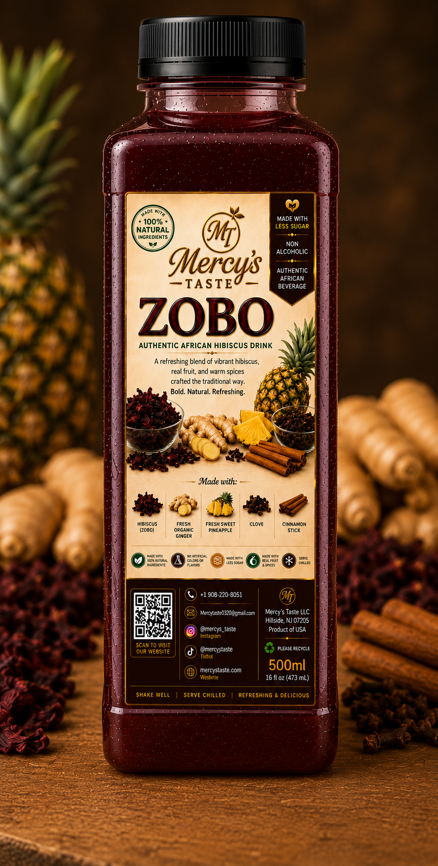 A 500ml bottle of Mercy's Taste Zobo authentic African Hibiscus Drink